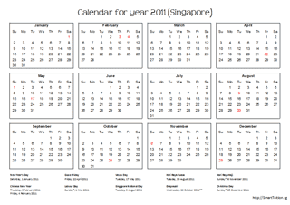 2021 Singapore Calendar with Holidays (Landscape)