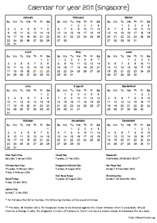 2020 Singapore Calendar with Holidays (Portrait)